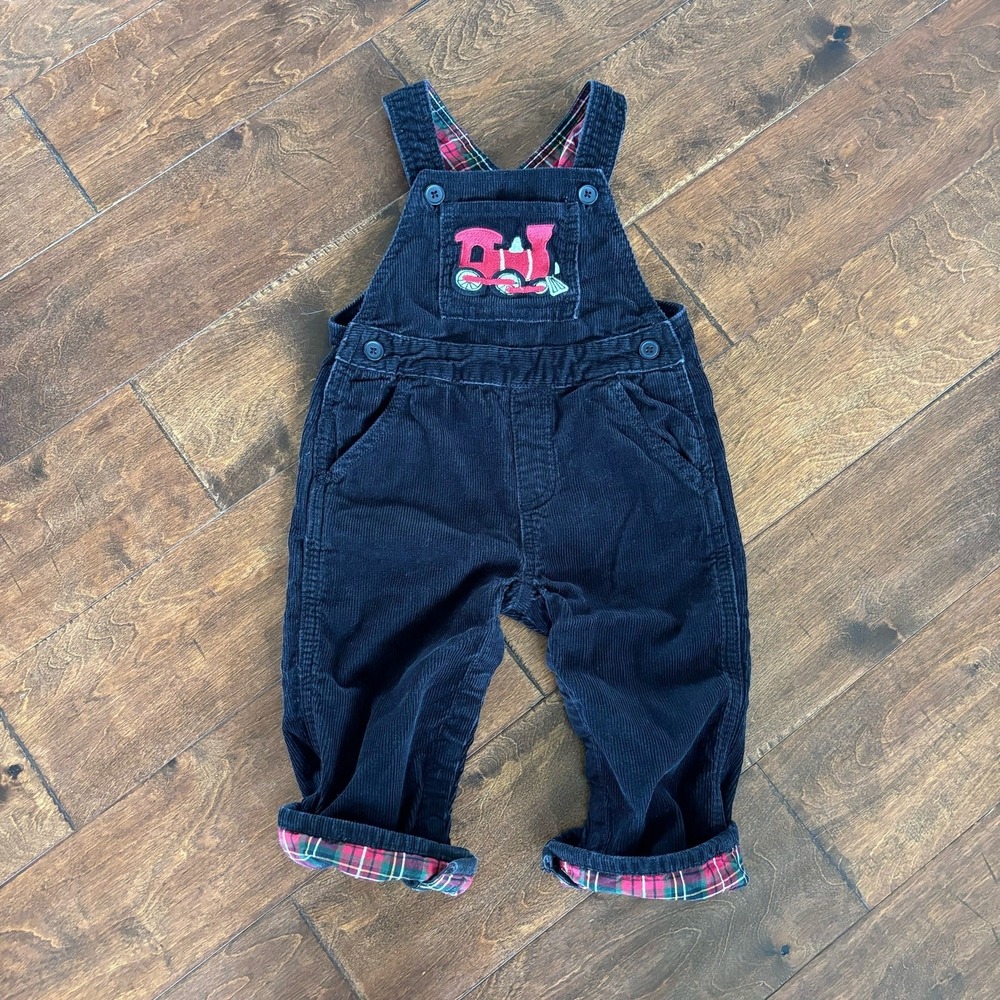 Crazy 8 Boys 12-18 Months Corduroy Overalls Black Train Emroidered Plaid